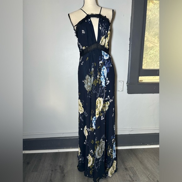 Anthropologie Jill Stuart Margaret Maxi Dress Blue Floral Printed Lace Trim sz 6 - Picture 2 of 7